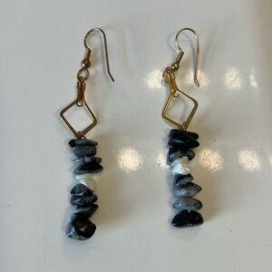 Black and gray semi precious stones with mother of pearl earrings.
